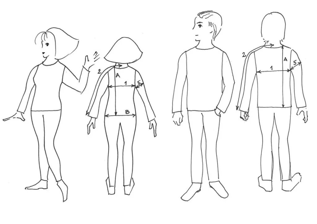 Kauni size guide drawing – women's and men's pullover measurements