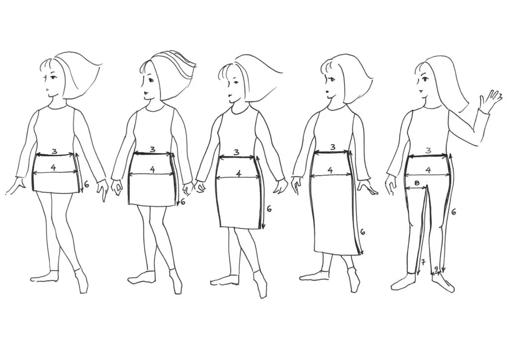 Kauni size guide drawing – skirt and leggings measurements