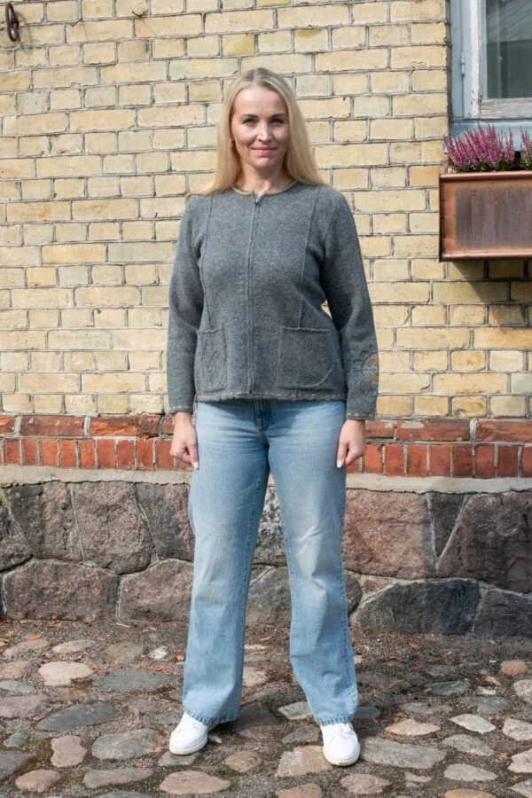 Short A-line Cardigan, Solid Color, Robust Hem Edges, Power Flower on Sleeve