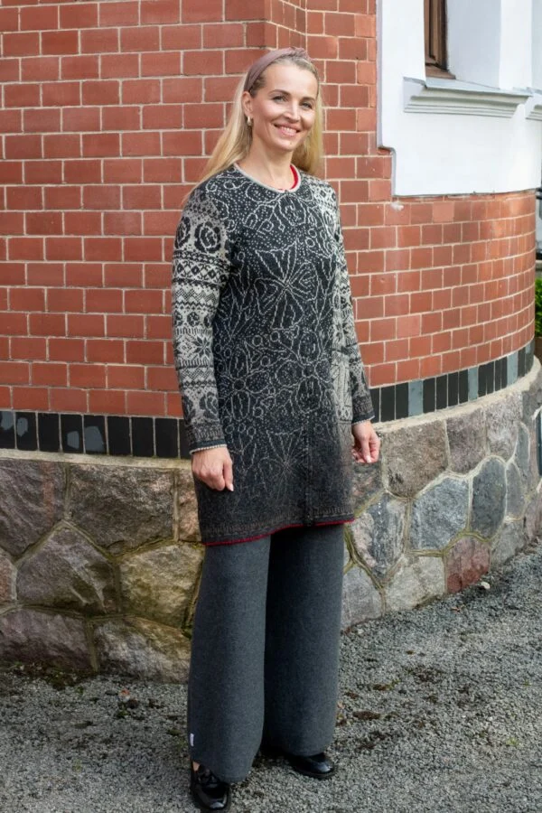 Long A-line Cardigan with Graphic Pattern and One Pocket
