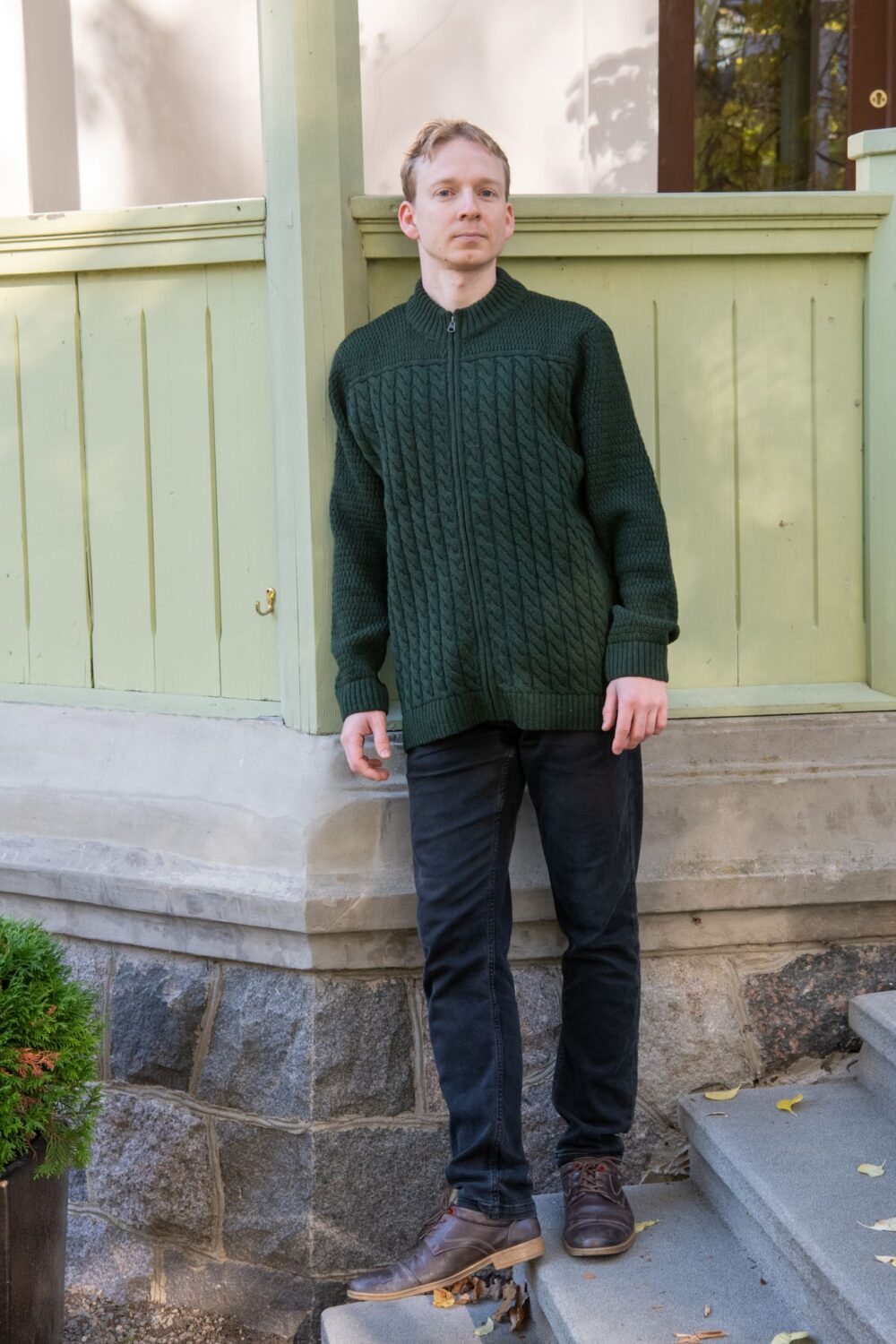 KAU_6920 Men’s cardigan with cables, inner pockets, and power symbol on back - Image 1