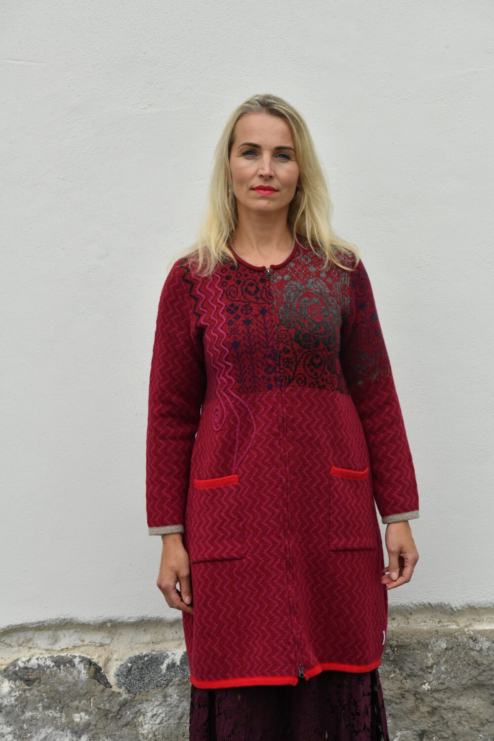Life & Protection Cardigan – Long A-Line Wool Cardigan - Red - Image 4