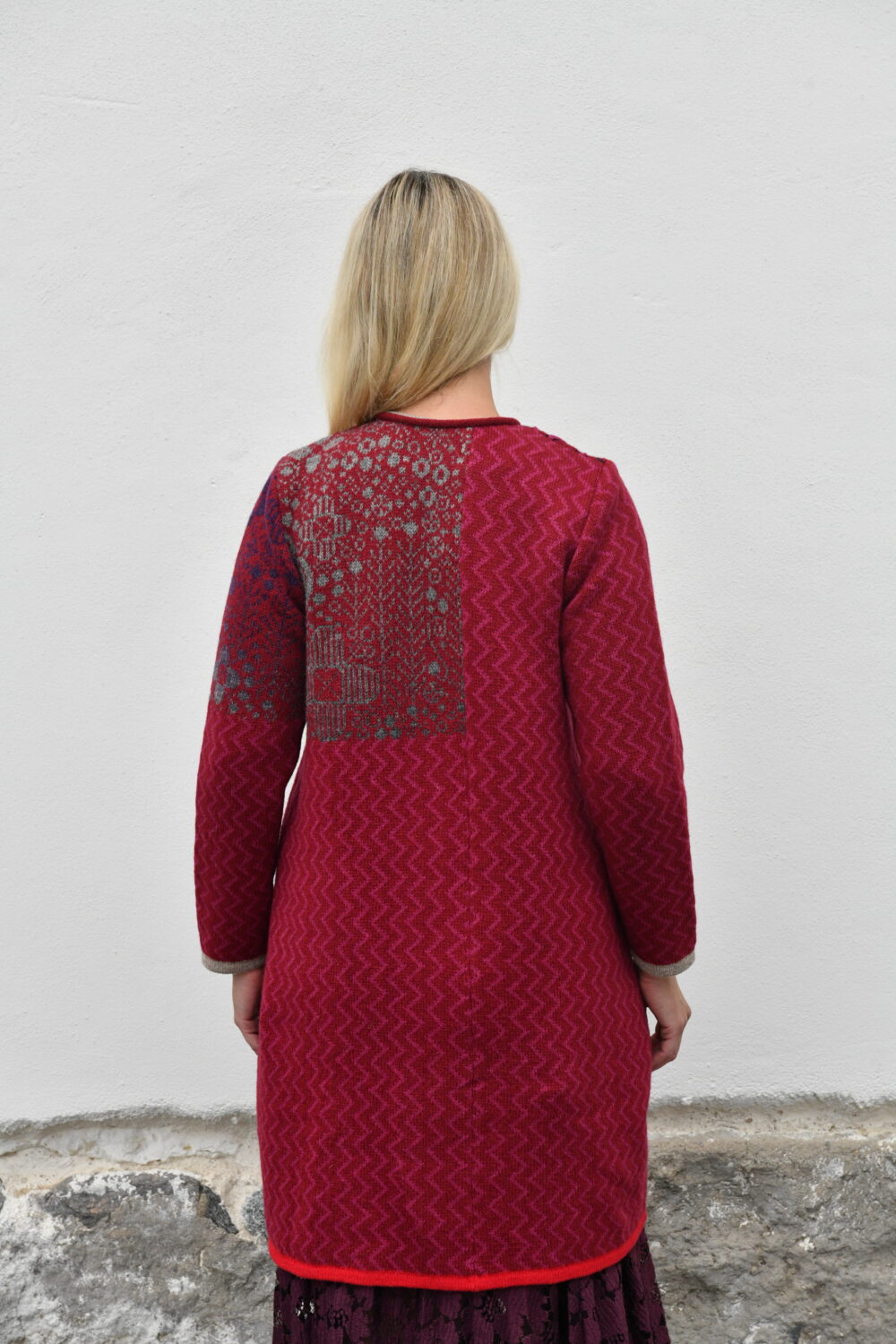 Life & Protection Cardigan – Long A-Line Wool Cardigan - Red - Image 2