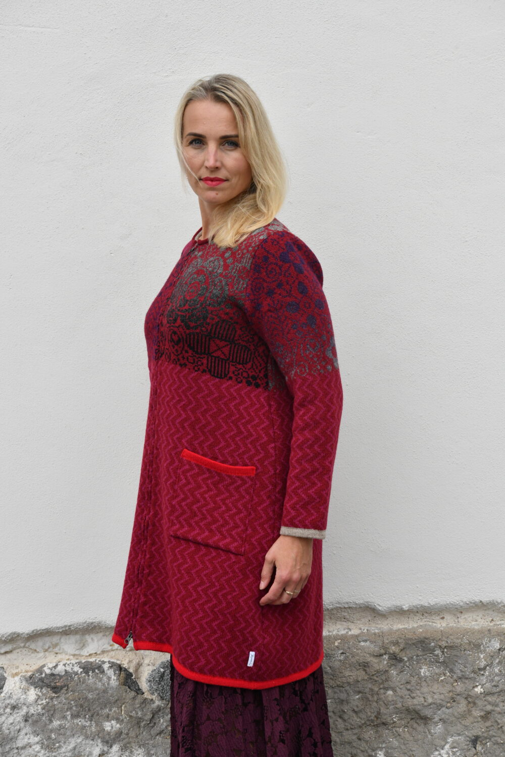 Life & Protection Cardigan – Long A-Line Wool Cardigan - Red - Image 3
