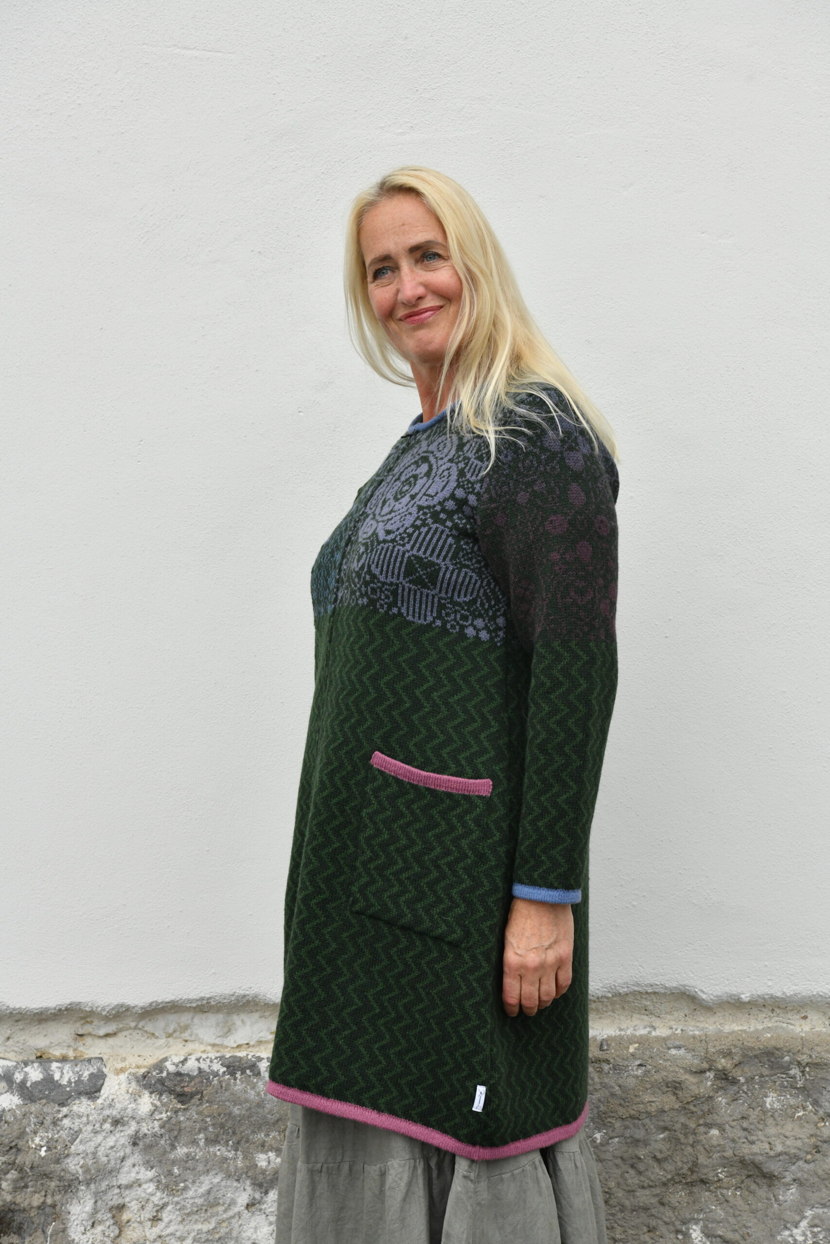 t-712 Life & Protection Cardigan – Long A-Line Wool Cardigan - Green - Image 1