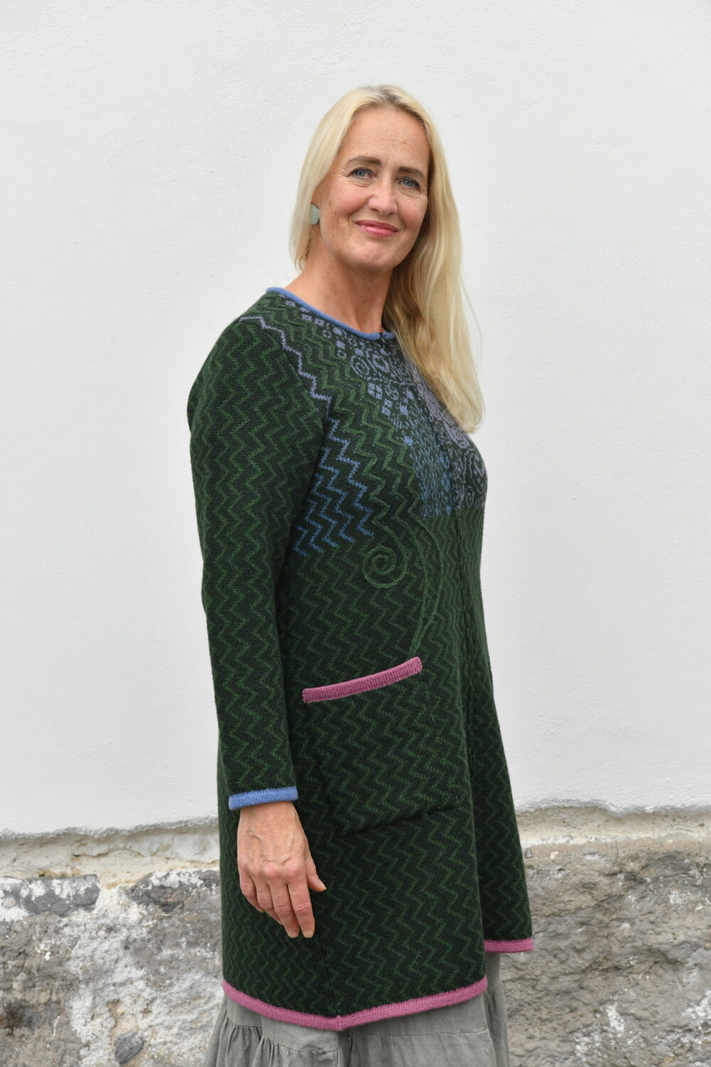 Life & Protection Cardigan – Long A-Line Wool Cardigan - Green - Image 3