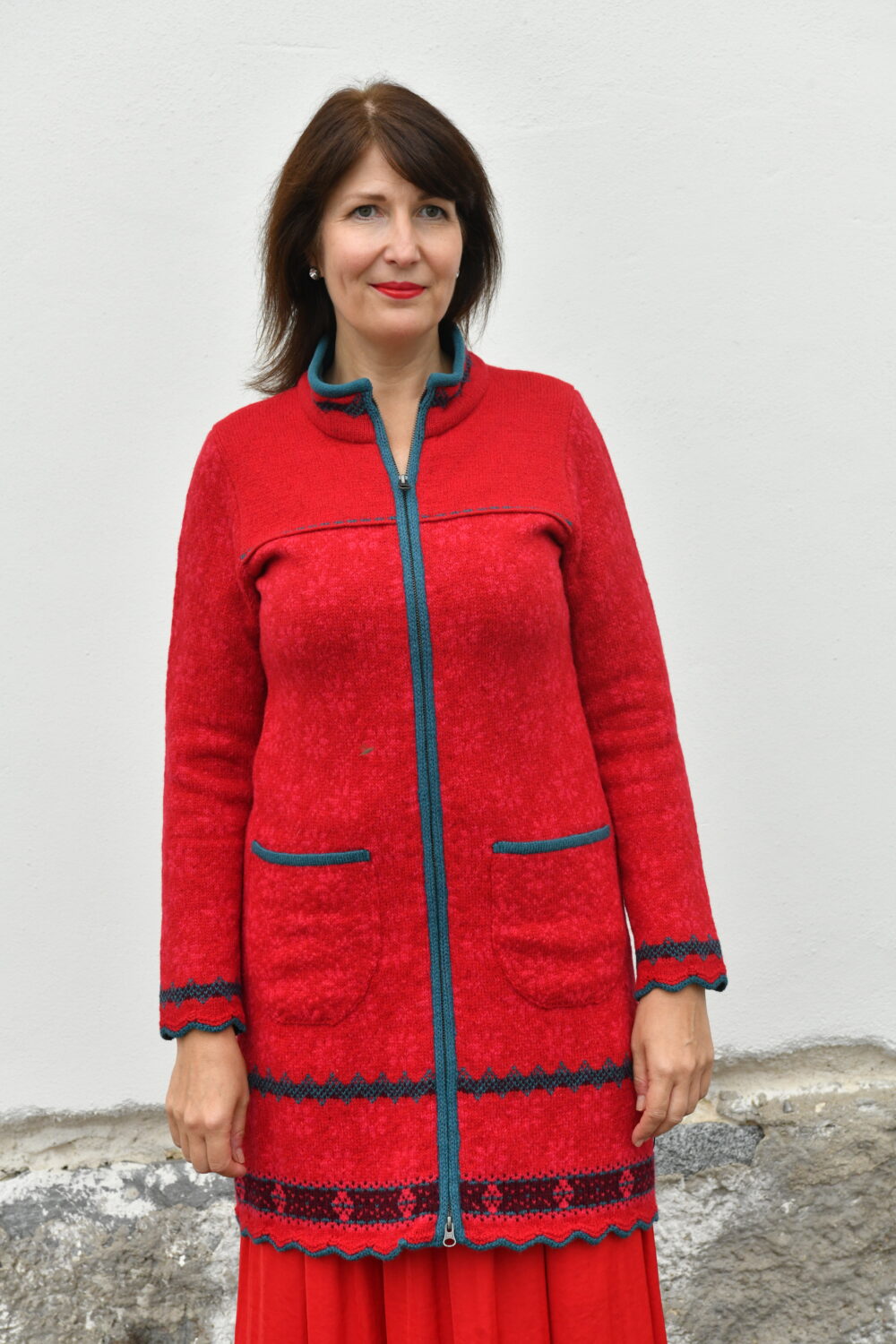 The Protection Cardigan – Long Patterned Wool Cardigan - Red - Image 5