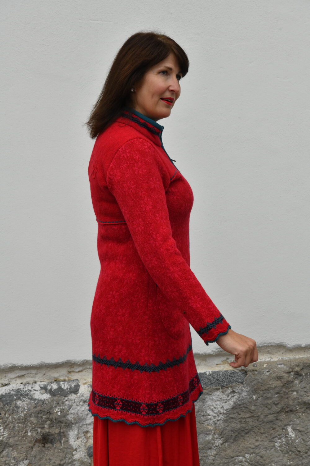 The Protection Cardigan – Long Patterned Wool Cardigan - Red - Image 4