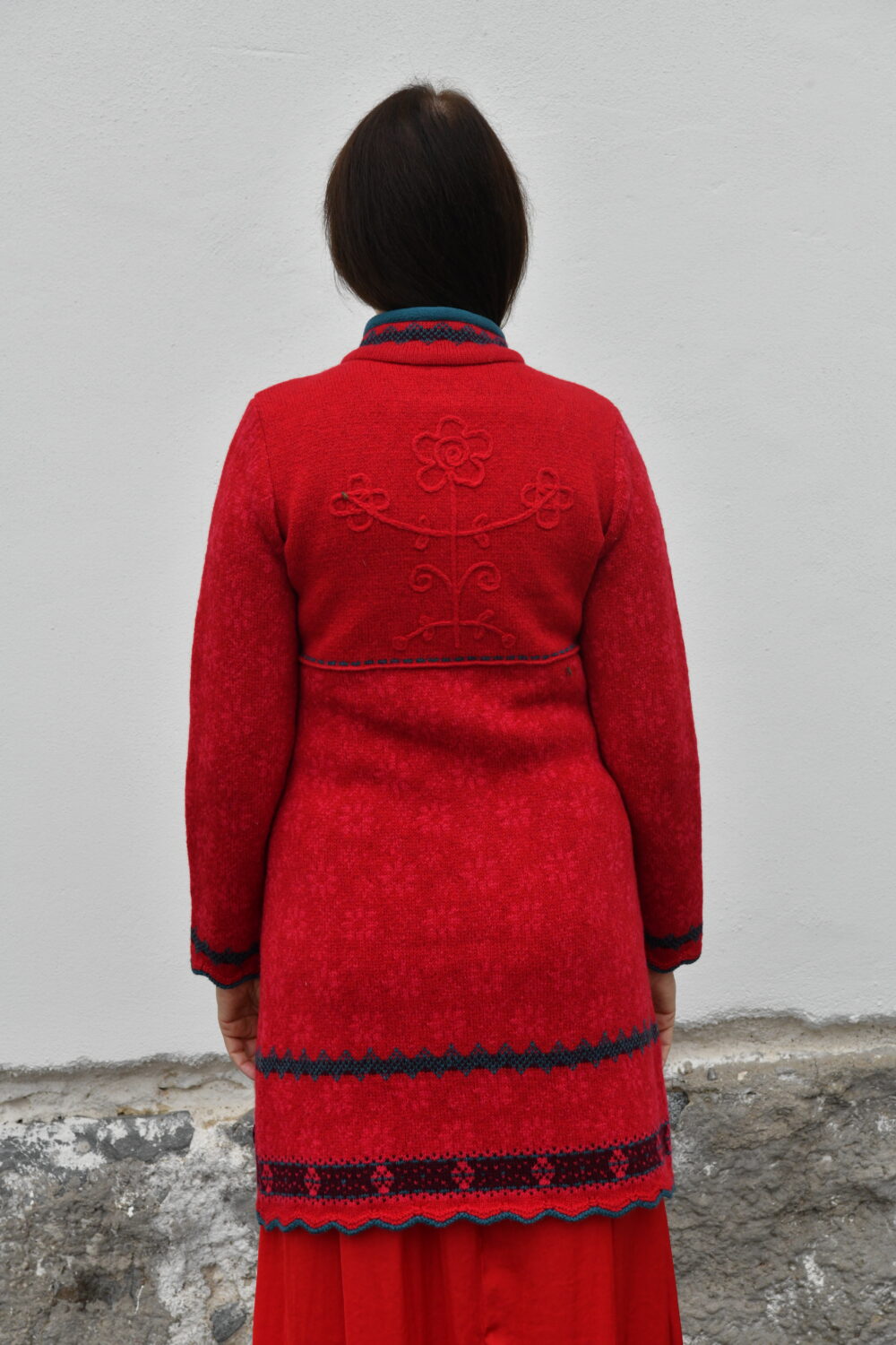 The Protection Cardigan – Long Patterned Wool Cardigan - Red - Image 3