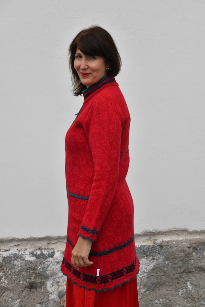 The Protection Cardigan – Long Patterned Wool Cardigan - Red