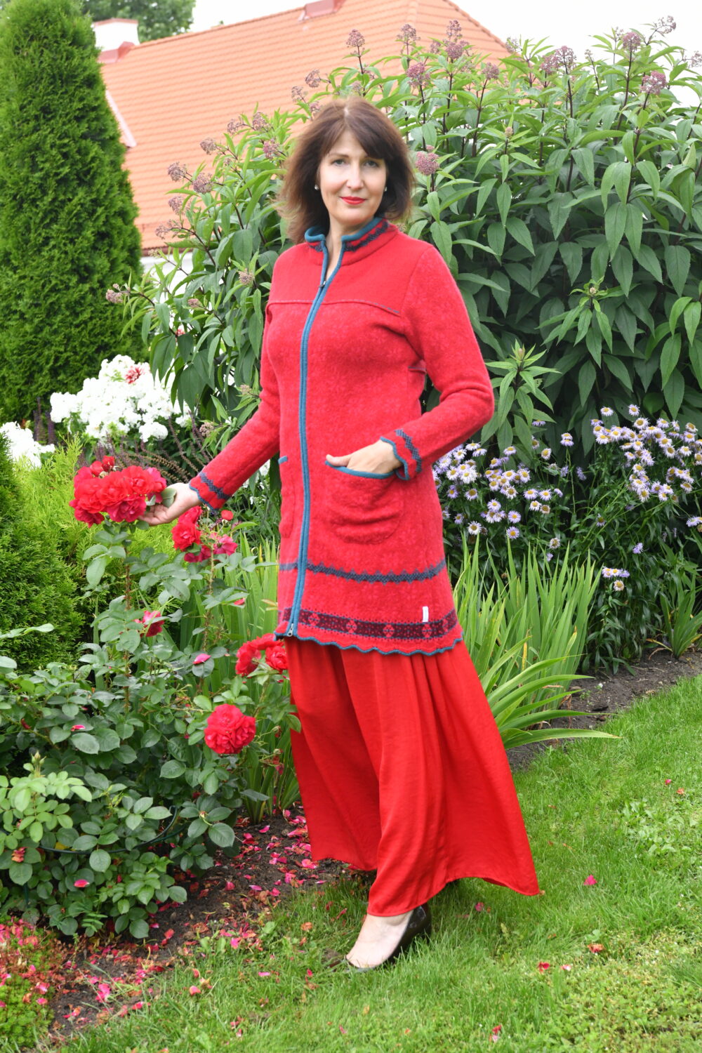 The Protection Cardigan – Long Patterned Wool Cardigan - Red - Image 2