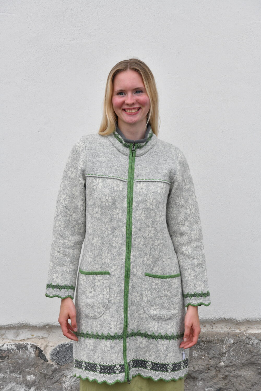 The Protection Cardigan – Long Patterned Wool Cardigan - Light Grey - Image 3