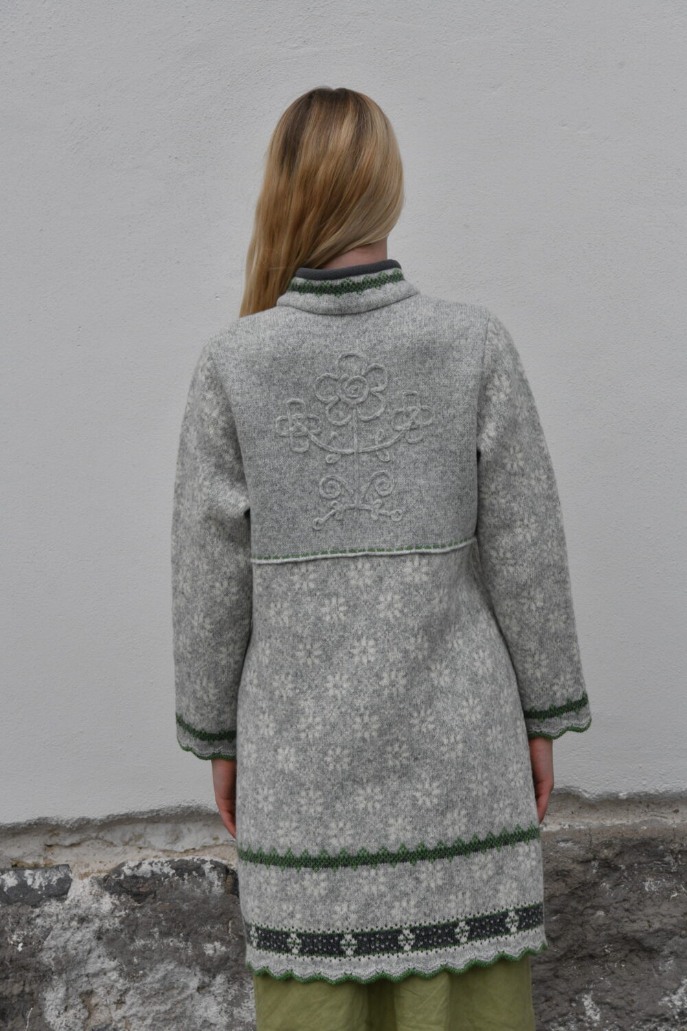 The Protection Cardigan – Long Patterned Wool Cardigan - Light Grey - Image 4