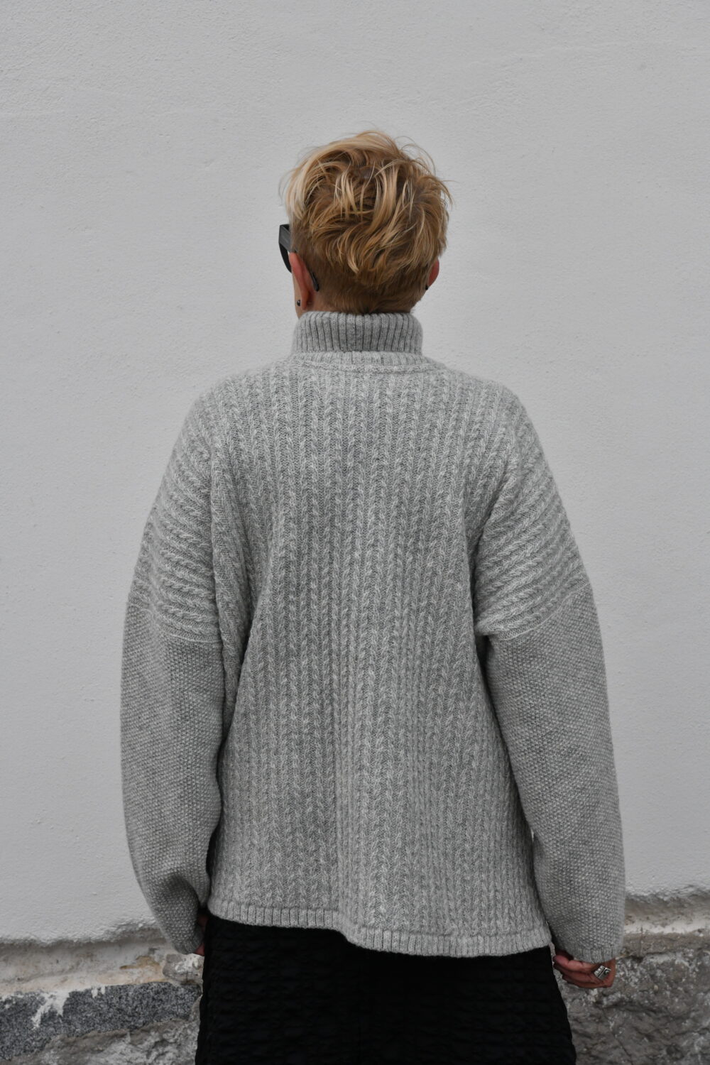 Oversized Braided Turtleneck Poncho Sweater - Light Grey - Image 4