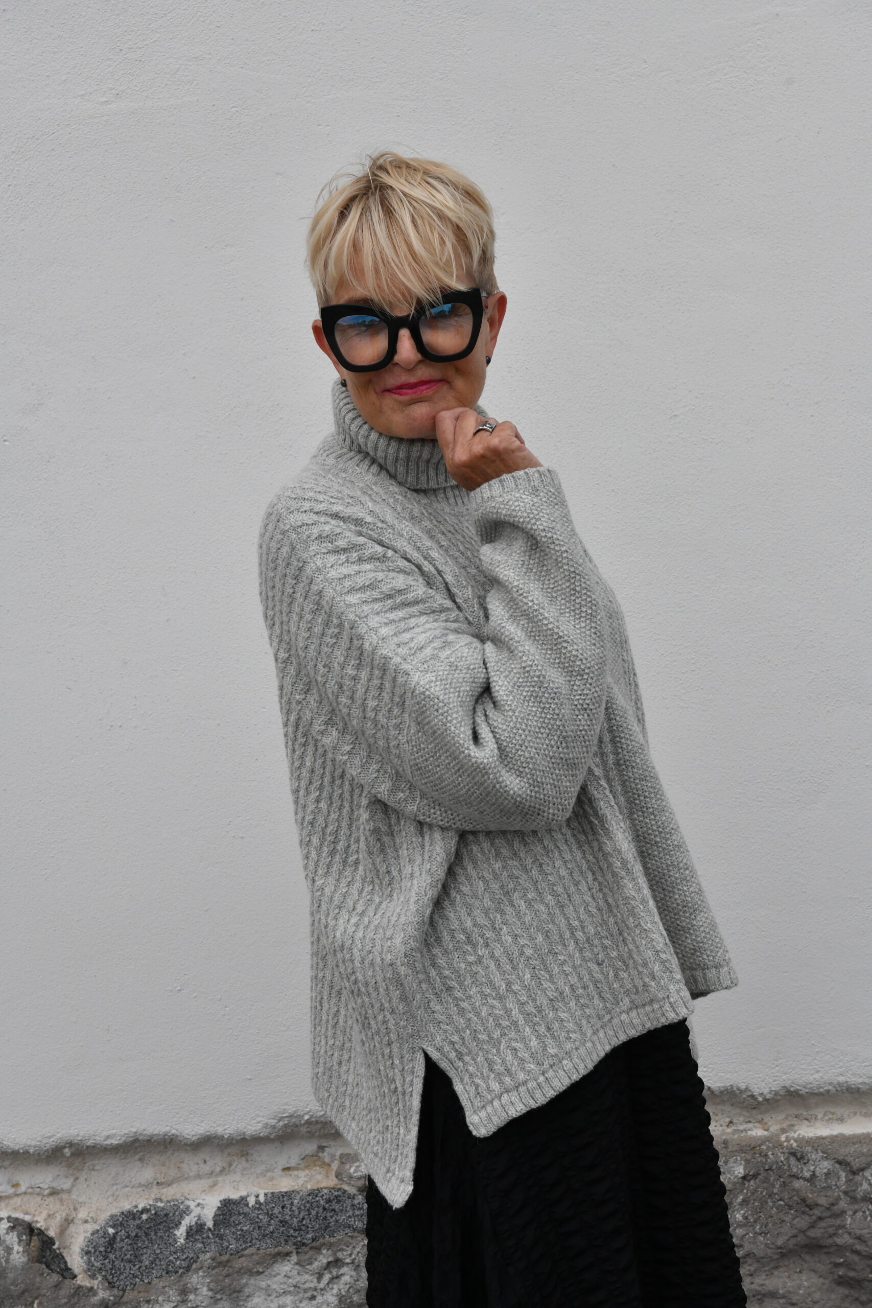 T-713 Oversized Braided Turtleneck Poncho Sweater - Light Grey - Image 1