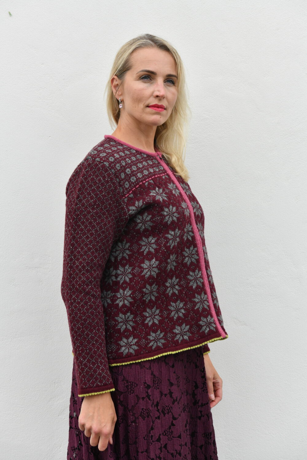 The Everyday A-Line Cardigan – Short Wool Cardigan - Dark Red - Image 4