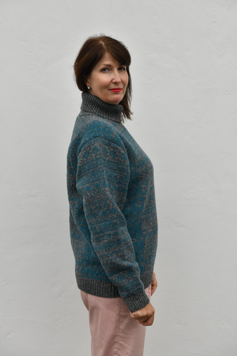 Unisex Patterned Turtleneck Sweater - Grey-Blue - Image 3