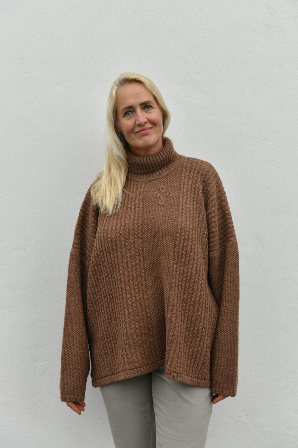 Oversized Braided Turtleneck Poncho Sweater - Brown - Image 3