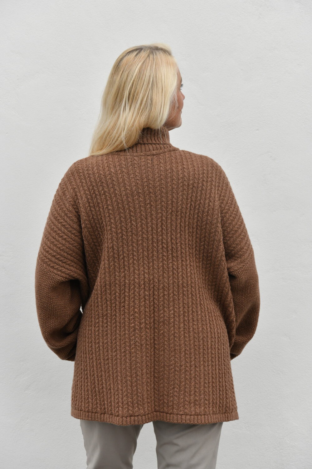 Oversized Braided Turtleneck Poncho Sweater - Brown - Image 2