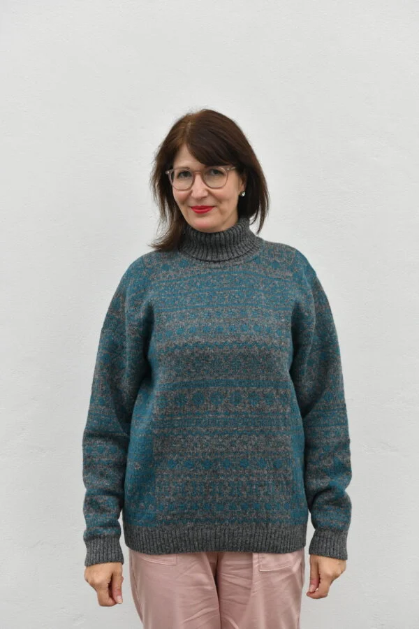Mønstret unisex-rullekravesweater - Gråblå