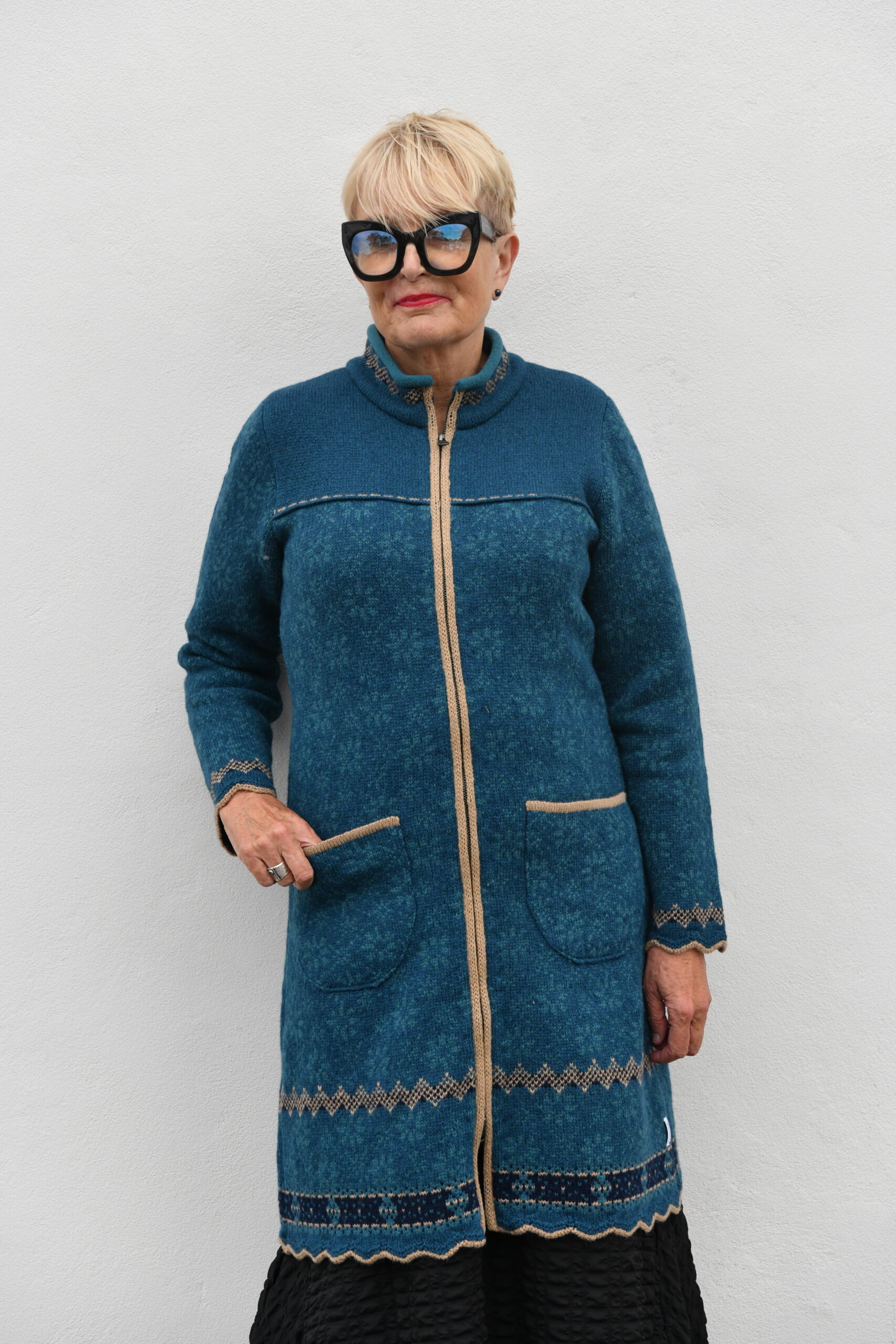 KAU_9761 The Protection Cardigan – Long Patterned Wool Cardigan - Blue - Image 1