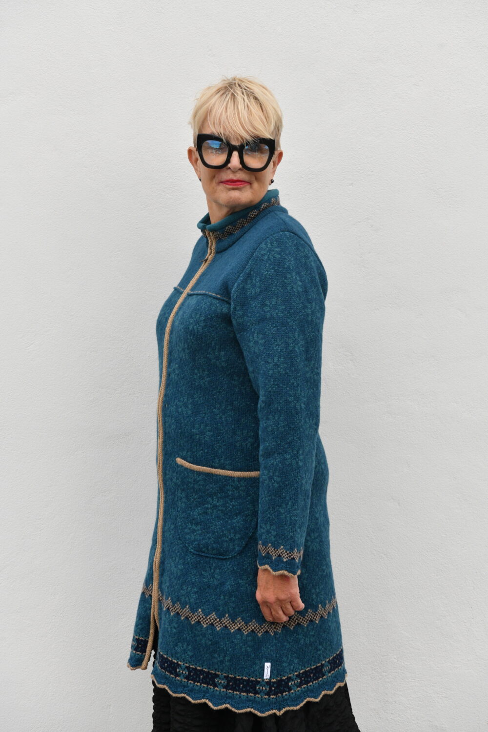 The Protection Cardigan – Long Patterned Wool Cardigan - Blue - Image 3