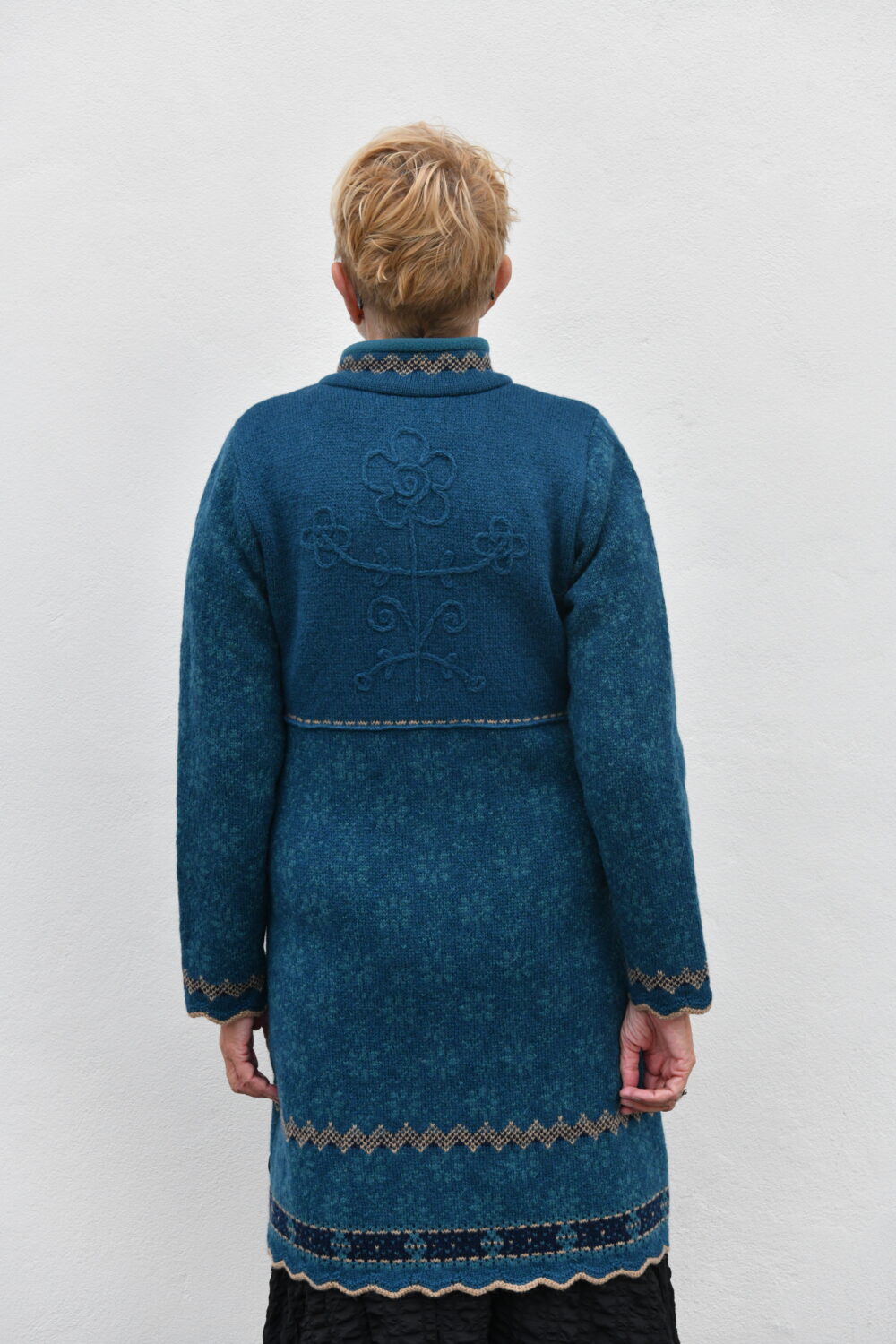 The Protection Cardigan – Long Patterned Wool Cardigan - Blue - Image 2