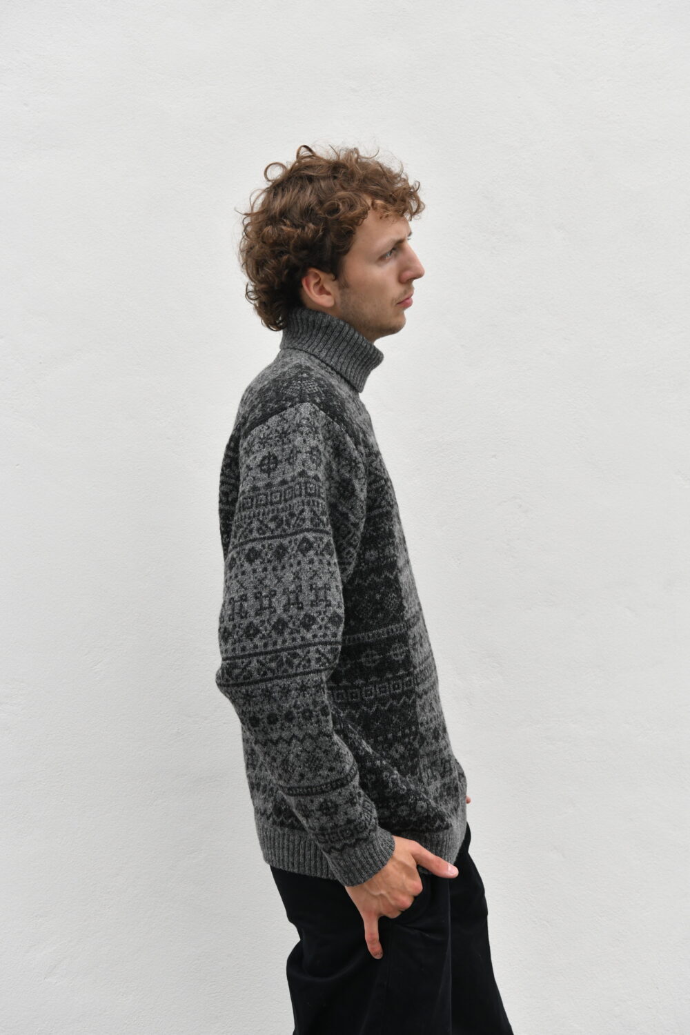 Unisex Patterned Turtleneck Sweater - Light Grey - Image 3