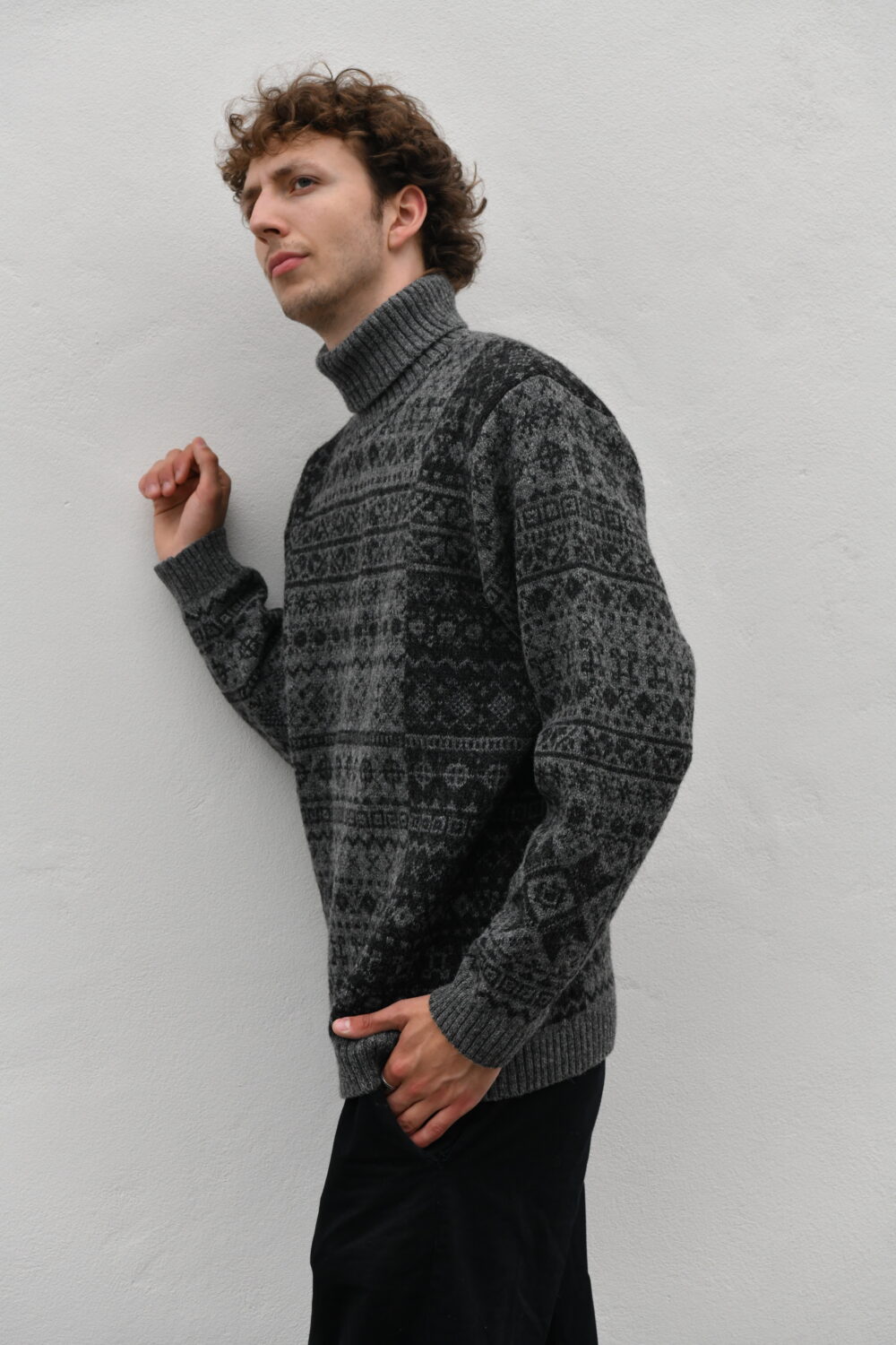 Unisex Patterned Turtleneck Sweater - Light Grey - Image 4
